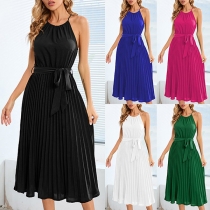 Fashion Solid Color Pleated Sleeveless Self-tie Midi Dress