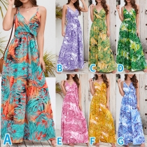 Bohemian Style Floral Printed V-neck Backless Slip Maxi Dress