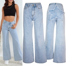 Fashion Old-washed Wide-leg Star Denim Jeans