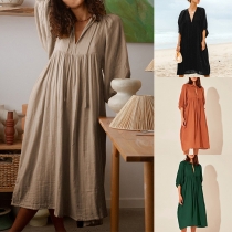 Casual Solid Color V-neck Loose Dress