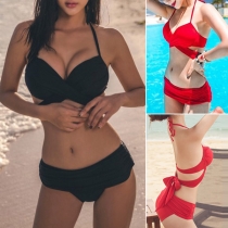 Sexy Solid Color Cross-cross Self-tie Bikini Set