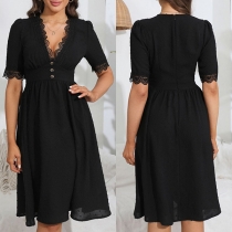 Fashion Lace Spliced V-neck Buttoned Short Sleeve Dress