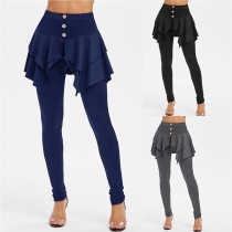 Casual High-rise Buttoned Ruffled Fake Two-piece Legging