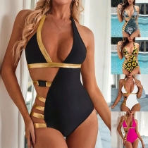 Sexig bronzing ljus tyg skarvad utskuren V-ringad Monokini/baddräkt i ett stycke