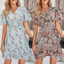 Vintage Floral Printed V-neck Short Sleeve Ruffled Wrap Dress