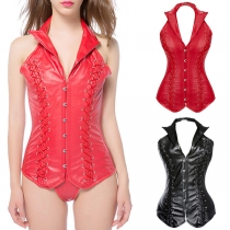 Vintage Solid Color Lapel Lace-up Corset Shirt