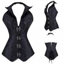 Vintage Jacquard Buckle Lace-up V-neck Halter Corset Shirt