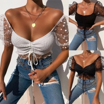 Fashion V-neck Drawstring Ruched Ruffle Short Sleeve Crop Shirt