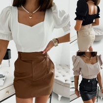 Casual Solid Color Scoop Neck Puff Short Sleeve Shirt