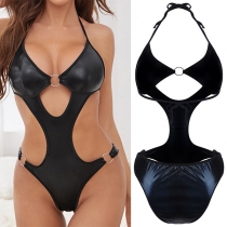 Sexig O-ring Cut Out konstläder PU Halter Neck Underkläder Bodysuit