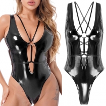 Sexig kors och tvärs, Backless, konstläder PU, Underkläder Bodysuit(Storlek Run Small)