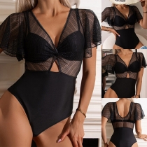 Fashion Semi-through Gauze Spliced V-neck Short Sleeve One-piece Swimsuit/Monokini
