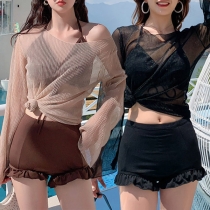 Fashion Three-piece Swimsuit Consist of Swimming Cover-up Shirt, Swimming Bra and Ruffled Swimming Bottom