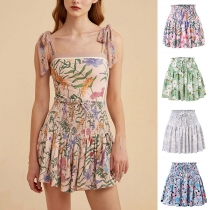 Vintage Floral Printed Reversible-wear Smocked Pleated Swimming Cover-up Skirt
