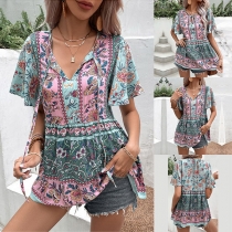 Bohemia Style Floral Printed Self-tie V-neck Short Sleeve Shirt