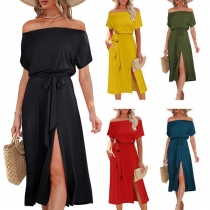 Sexy Solid Color Off-the-shoulder Short Sleeve Self-tie Slit Dress