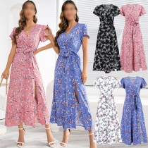 Bohemia Style Floral Printed V-neck Short Sleeve Self-tie Slit Dress
