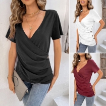 Casual Solid Color V-neck  Ruched Buttoned Shirt