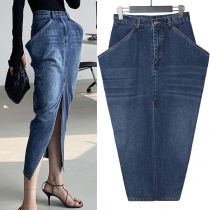 Street Fashion Old-washed Exaggerated Pocket Slit High-rise Denim Skirt