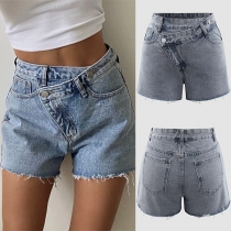 Street Fashion Old-washed Oblique Waist Frayed Hemline Denim Shorts