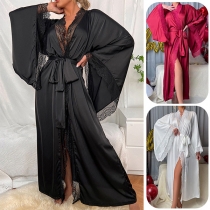 Sexy Lace Spliced Long Sleeve Self-tie Loungewear Robe