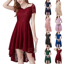 Elegant V-neck Short Sleeve High-low Hemline Lace Dress