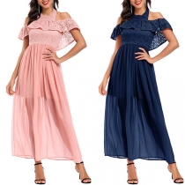 Fashion Lace Spliced Ruffle Halter Neck Open-shoulder Backless Dress