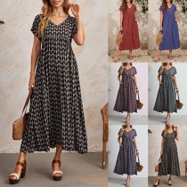 Vintage Printed V- neck Short Sleeve Midi Dress