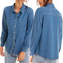 Fashion Old-washed Stand Collar Long Sleeve Denim Shirt