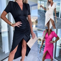 Elegant Solid Color V-neck Short Sleeve Ruched Slit Bodycon Dress