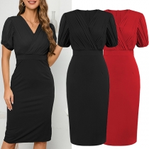 Elegant Solid Color Pleated V-neck Short Sleeve Bodycon Dress