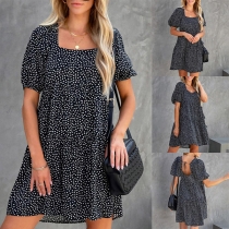 Fashion Printed Square Neck Short Sleeve Loose Mini Dress