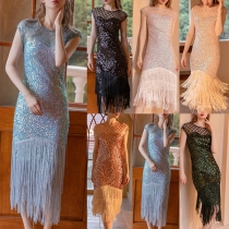 Fashion Sequin Round Neck Sleeveless Tassel Bodycon Dress
