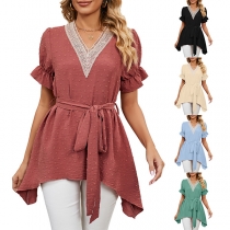 Elegant Swiss-dot Lace Spliced Short Sleeve Irregular Hemline Self-tie Shirt