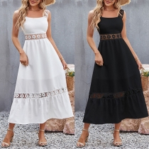 Fashion Floral Hollow Out Square Neck Midi Dress