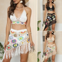 Bohemia Style Non-positioned Floral Crochets Tassle Two-piece Bikini Set