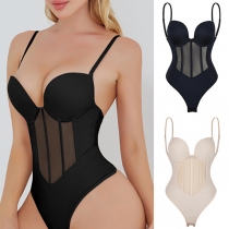 Sexy Semi-through Gauze Spliced Slip Corset Bodysuit
