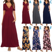Fashion Solid Color/Floral Printed V-neck Short Sleeve Maxi Dress