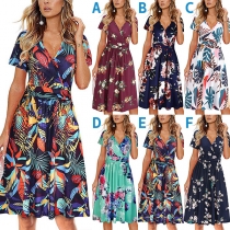 Bohemian Style Floral Printed V-neck Short Sleeve Self-tie Dress
