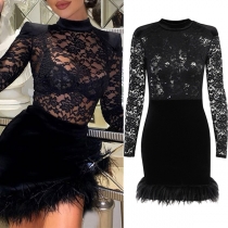Sexy Semi-through Lace Spliced Ruffled Bodycon Dress