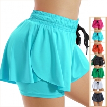 Fashion Solid Color Elastic Drawstring Fake-two-piece Sport Shorts