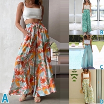 Bohemian Style Floral Printed Drawstring Wide-leg Pants