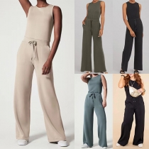Fashion Solid Color Round Neck Sleeveless Drawstring Wide-leg Jumpsuit