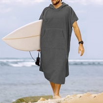 Casual Solid Color Short Sleeve Front Pockets Loose Beach Hoodie Shirt