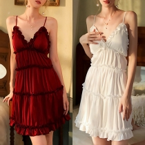 Sexy Solid Color Ruffled V-neck Backless Tiered Slip Nightwear Dress