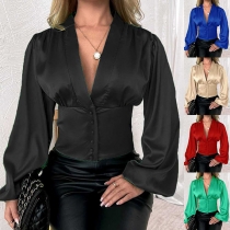 Fashion Solid Color V-neck Latern Sleeve Buttoned Shirt