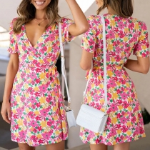 Fresh Style Floral Printed V-neck Short Sleeve Wrap Dress