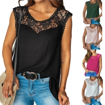 Casual Lace Spliced Round Neck Sleeveless Shirt