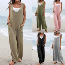 Enfärgad Casual V-ringad Jumpsuit med Fickor och vida ben