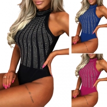 Sexy Rhinestone Mock Neck Sleeveless Bodysuit